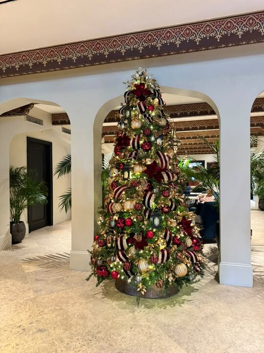 The Casa Monica lobby tree beside a gilded arch and throne chair