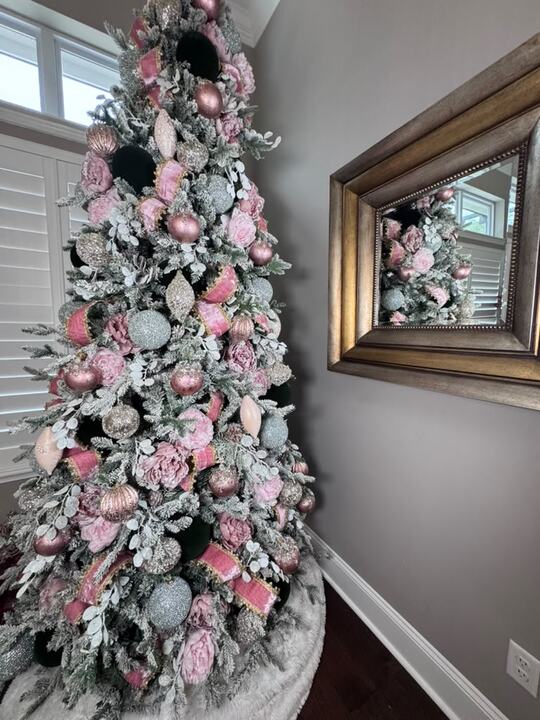 Flocked tree in blush pink roses, sage ornaments and rose gold